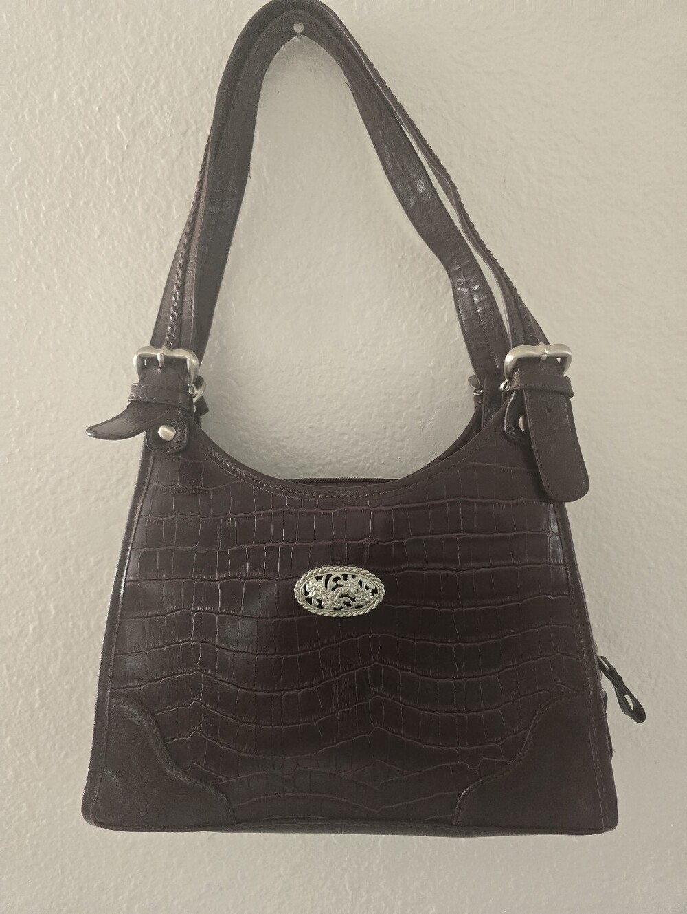 Bueno Croc embossed brown purse w silver flower detail buckles and braided strap